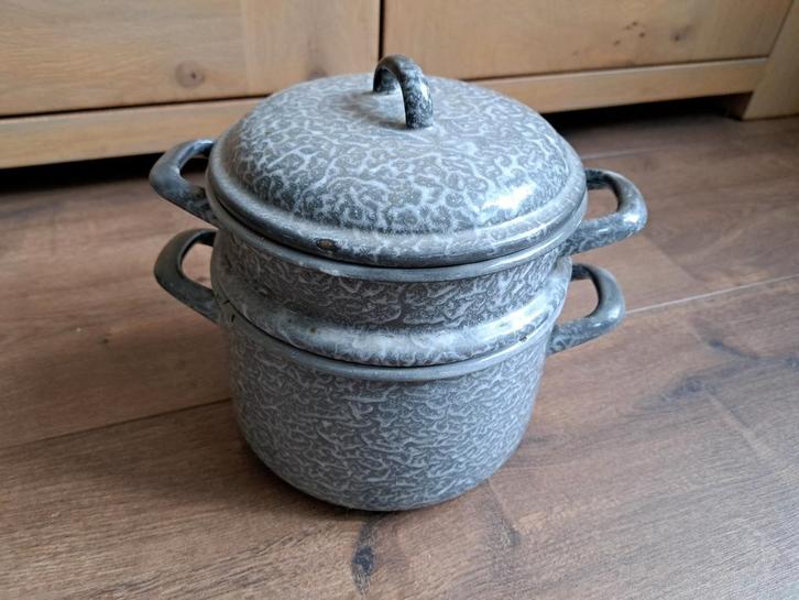 Vintage emaille stoomkoker set pan stoominzet deksel, Antiek en Kunst, Antiek | Emaille, Ophalen of Verzenden