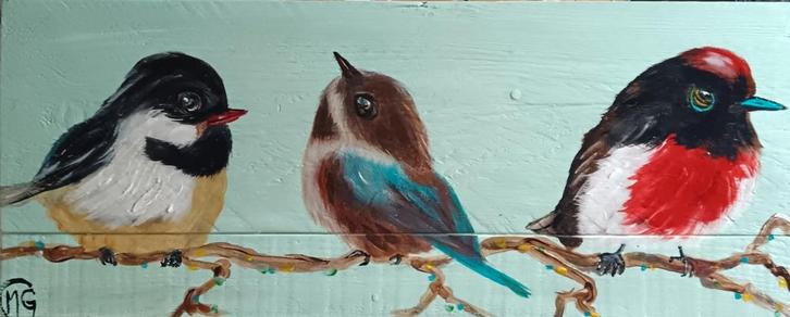 Vogels op steigerhout geschilderd en afgelakt, Antiek en Kunst, Kunst | Schilderijen | Klassiek, Ophalen