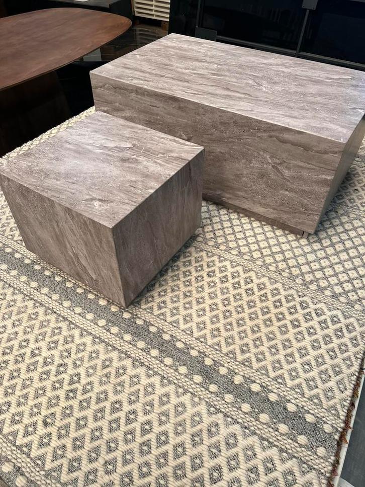 Salantafels kubus en rechthoek fineer hout marmerlook, Huis en Inrichting, Tafels | Salontafels, Zo goed als nieuw, Minder dan 50 cm
