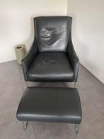 Antraciet lederen fauteuil met hocker, Huis en Inrichting, Fauteuils, Ophalen, Zo goed als nieuw, Leer, 75 tot 100 cm
