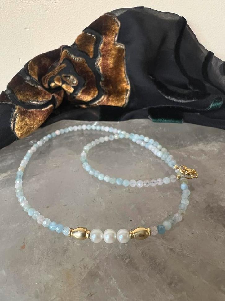 Akoya zoutwater parel aquamarijn morganiet beryl heliodoor, Sieraden, Tassen en Uiterlijk, Kettingen, Nieuw, Zilver, Blauw, Met edelsteen