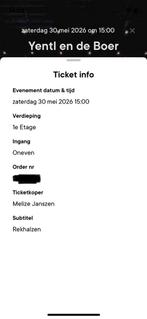 Carre 2 tickets 1e rang Yentl en de Boer za 30 mei 2026 15u, Tickets en Kaartjes, Twee personen, Mei