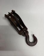 Antiek vintage dubbel stalen industrieel katrol met haak - 3, Ophalen of Verzenden