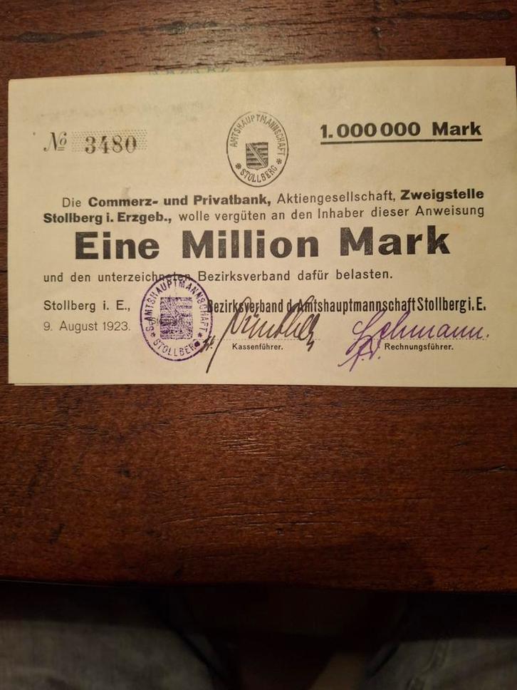 1923 Stolsberg 1 Miljoen Mark Noodgeld, Postzegels en Munten, Bankbiljetten | Europa | Eurobiljetten, Ophalen of Verzenden