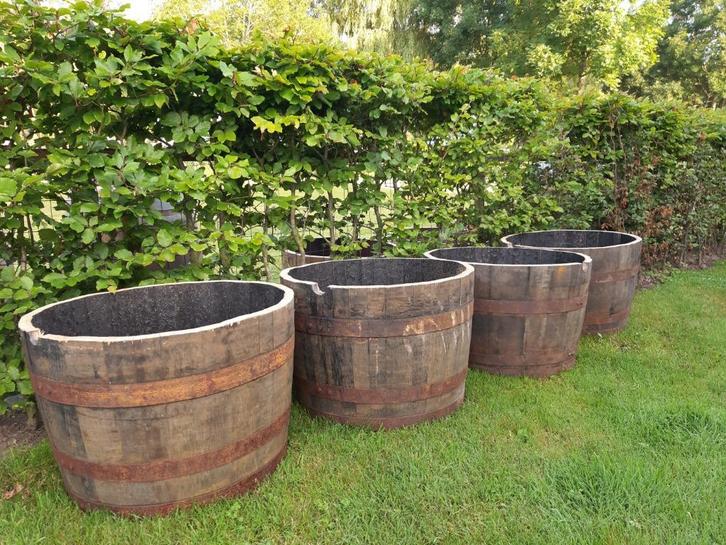Bloembak Eikenhouten Whiskeyvat 100L, Tuin en Terras, Bloembakken en Plantenbakken, Nieuw, Hout, Balkon, Tuin, 30 tot 60 cm, 60 tot 100 cm