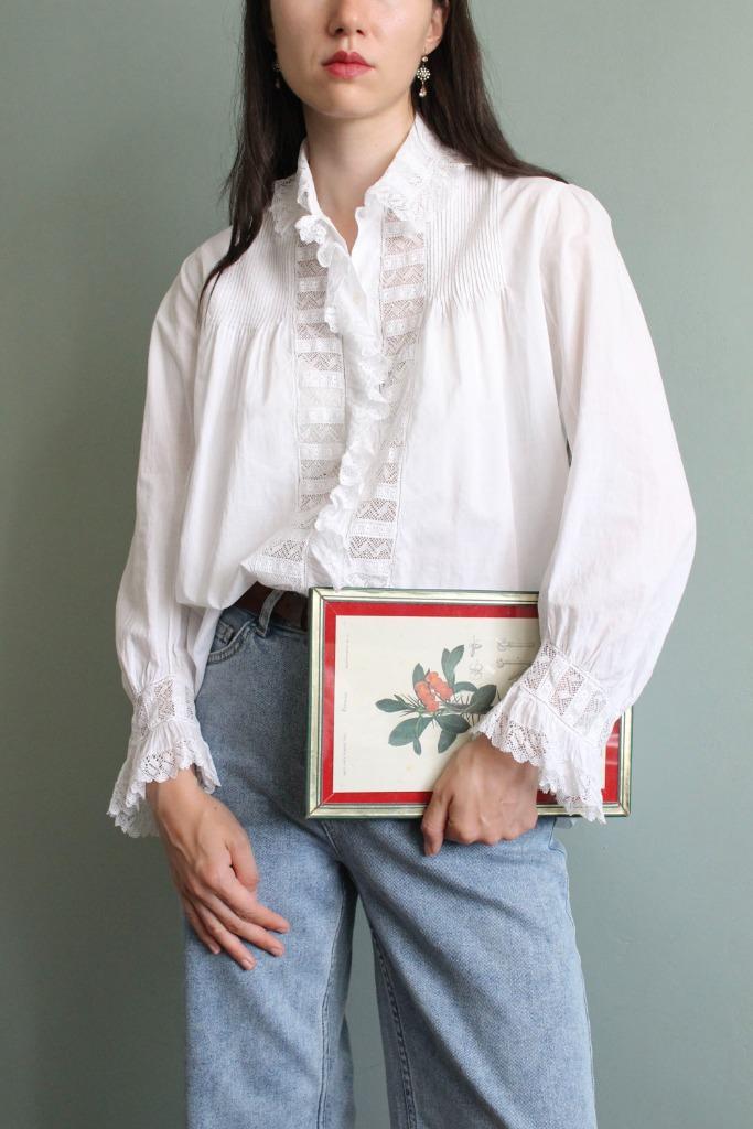 Antieke blouse met kant en broderie brocante S M, Kleding | Dames, Blouses en Tunieken, Zo goed als nieuw, Maat 36 (S), Wit, Verzenden