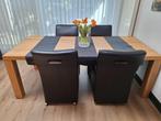 Eetkamertafel met 6 of 4 leren stoelen, 2 ervan zijn anders, Huis en Inrichting, Complete eetkamers, Ophalen, Gebruikt, 4 tot 6 stoelen