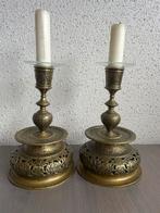 Vintage Set messing kaarshouders met glazen kaarsvet vangers, Ophalen of Verzenden, Goud