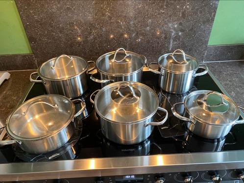 6- delig Fissler pannenset (gas of inductie), Huis en Inrichting, Keuken | Potten en Pannen, Gebruikt, Pannenset, Rvs, Inductieplaat