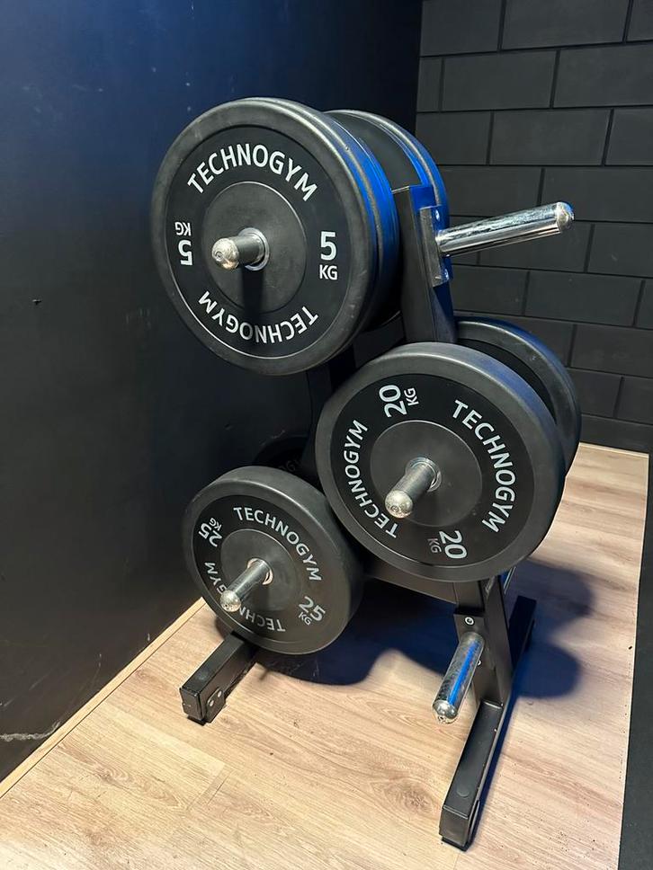 Technogym Bumper Plates + Pure Strength Plate Rack –TOP SET!, Sport en Fitness, Fitnessmaterialen, Zo goed als nieuw, Overige typen