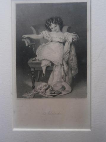 ADELAIDE, Mooie zw-wit gravure Adelijk  meisje in een stoel beschikbaar voor biedingen