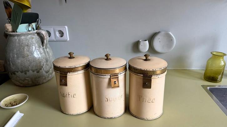 Antieke voorraadbussen set - Thee, Suiker, Koffie - 1920, Huis en Inrichting, Keuken | Keukenbenodigdheden, Gebruikt, Ophalen of Verzenden