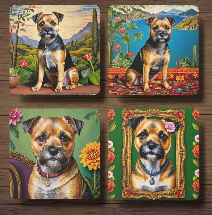 Border Terriër Frida Kahlo onderzetters met houder, Huis en Inrichting, Woonaccessoires | Onderzetters, Nieuw, Glas of Kopje, Ophalen of Verzenden