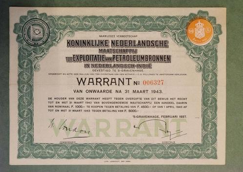 K.N.M.Expl.van Petrol. Bronnen NederlandsIndië 1943 aandelen, Postzegels en Munten, Aandelen en Waardepapieren, Aandeel, 1920 tot 1950