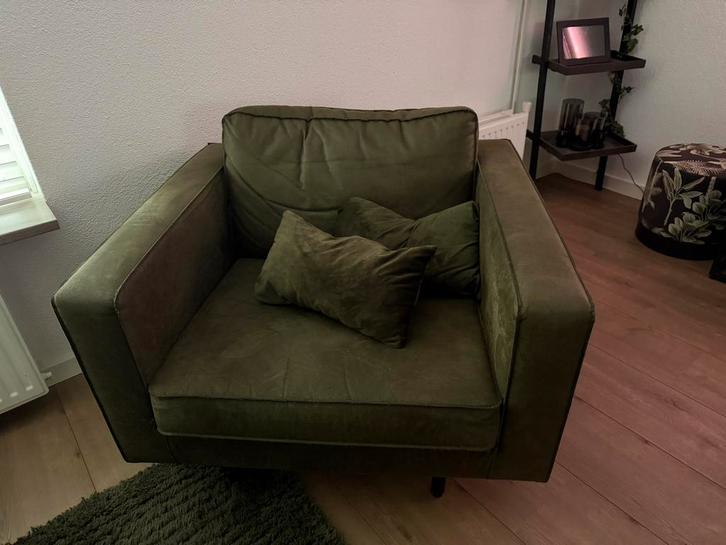 Woood lederen groene fauteuil, Huis en Inrichting, Fauteuils, Gebruikt, Leer, 100 tot 125 cm, 75 tot 100 cm, Ophalen