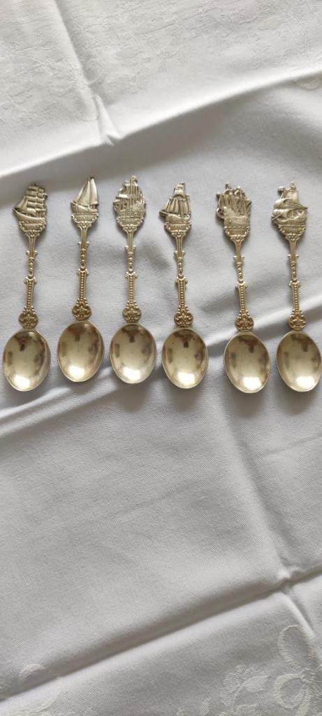 6 theelepels verzilverd met scheepjes, Antiek en Kunst, Antiek | Bestek, Ophalen of Verzenden