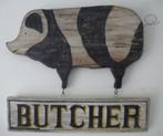 Vintage houten reclame bord/Butcher/slagerij/varken/antiek, Reclamebord, Ophalen of Verzenden, Zo goed als nieuw