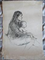 Tekening (rotaprint) Aat Veldhoen, Moeder met kind, Ophalen of Verzenden