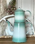 Emaille oude Franse koffiepot wit met mint groen, Ophalen of Verzenden
