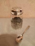 Jampot in verzilverde houder met deksel en jamlepel, Ophalen of Verzenden