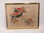 Antiek Oost-Aziatische aquarel op zijde-Bloemen en zangvogel, Ophalen of Verzenden