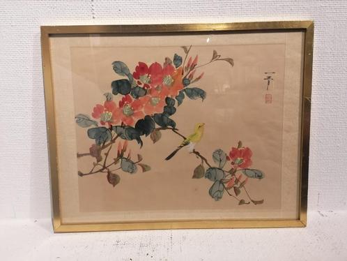 Antiek Oost-Aziatische aquarel op zijde-Bloemen en zangvogel, Antiek en Kunst, Kunst | Schilderijen | Klassiek, Ophalen of Verzenden