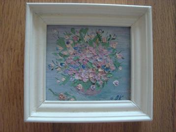 Olieverfschilderijtje roze bloemen ingelijst beschikbaar voor biedingen