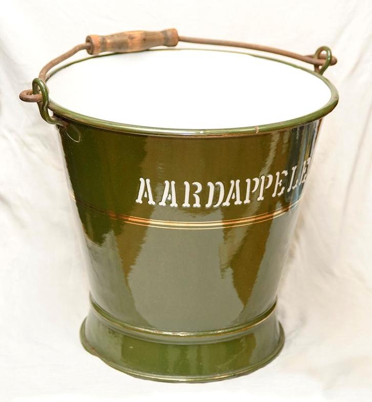 Donkergroen met gouden bies emaille emmer 'AARDAPPELEN', Antiek en Kunst, Antiek | Emaille, Ophalen of Verzenden