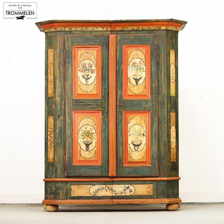 Antieke Beschilderde Volkskunst Bruidskasten Kisten Meubels, Huis en Inrichting, Kasten | Buffetkasten, Gebruikt, Met lade(s)