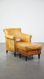 Comfortabele, luxe rundleren fauteuil/armchair + hocker, Ophalen, Gebruikt, Klassiek, 75 tot 100 cm