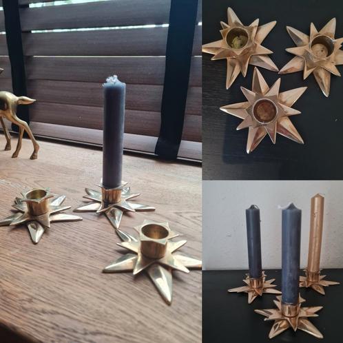 3 vintage massief messing kandelaars scandinavie ster, Antiek en Kunst, Antiek | Kandelaars, Koper of Brons, Ophalen of Verzenden