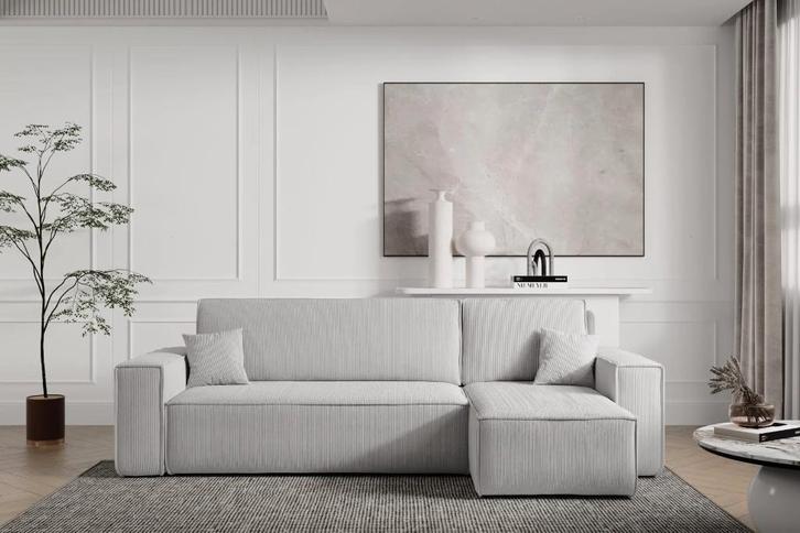 Slaapbank Karlo Ribstof Grijs Hoekbank 3-zits + opbergruimte, Huis en Inrichting, Banken | Complete zithoeken, Nieuw, Stof, Ophalen of Verzenden