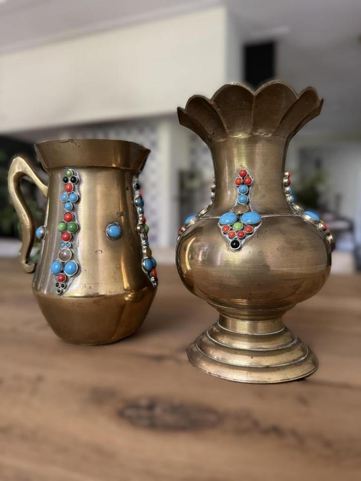 Boho Messing Vaas & Kan – 70’s Vintage met Halfedelstenen, Antiek en Kunst, Curiosa en Brocante, Ophalen of Verzenden