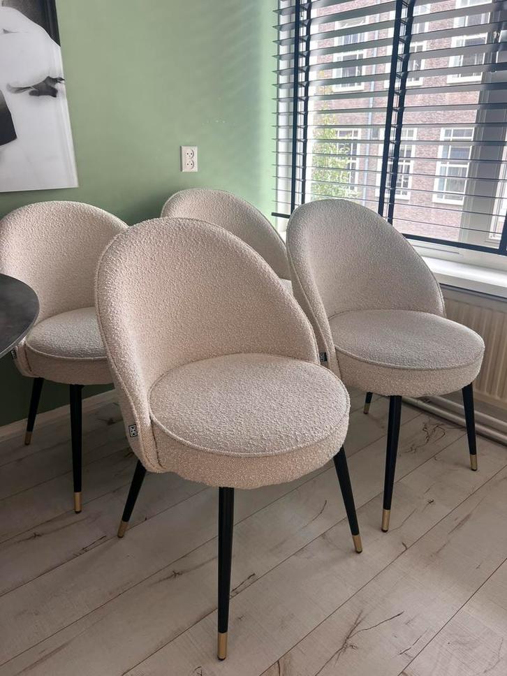 4x Eicholtz Cooper Bouclé stoelen, Huis en Inrichting, Stoelen, Gebruikt, Vier, Stof, Overige kleuren, Ophalen