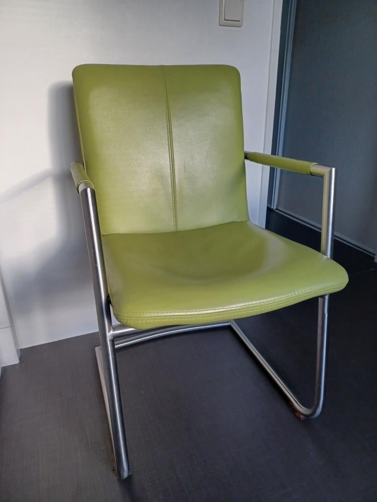 Groenleren eetkamerstoel met stalen frame, Ophalen, Gebruikt, Overige kleuren, Leer