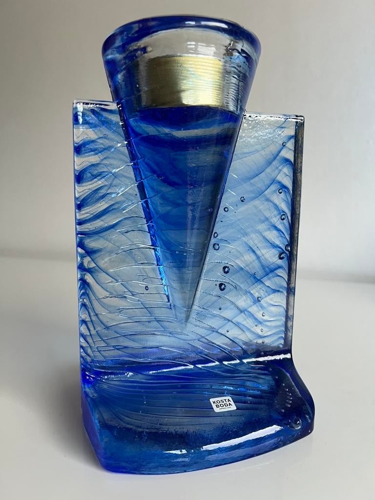 Vintage Kosta Boda ‘Ice Age’ Waxinelichthouder Blauw Engman, Antiek en Kunst, Kunst | Designobjecten, Ophalen of Verzenden