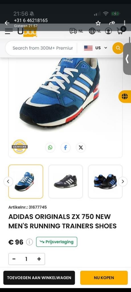 Adidas Originals ZX 750 Heren Sneakers Maat 46 Blauw, Kleding | Heren, Schoenen, Blauw, Nieuw, Ophalen of Verzenden, Sneakers of Gympen