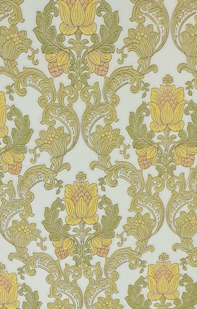 13663 Vintage barok behang jaren 70 in groen swiet, Verzenden, Minder dan 10 m², Bruin