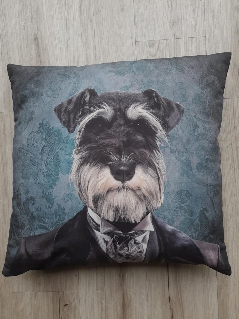Kussen met een unieke schnauzer hondenprint., Ophalen of Verzenden, Zo goed als nieuw, Zwart, Vierkant