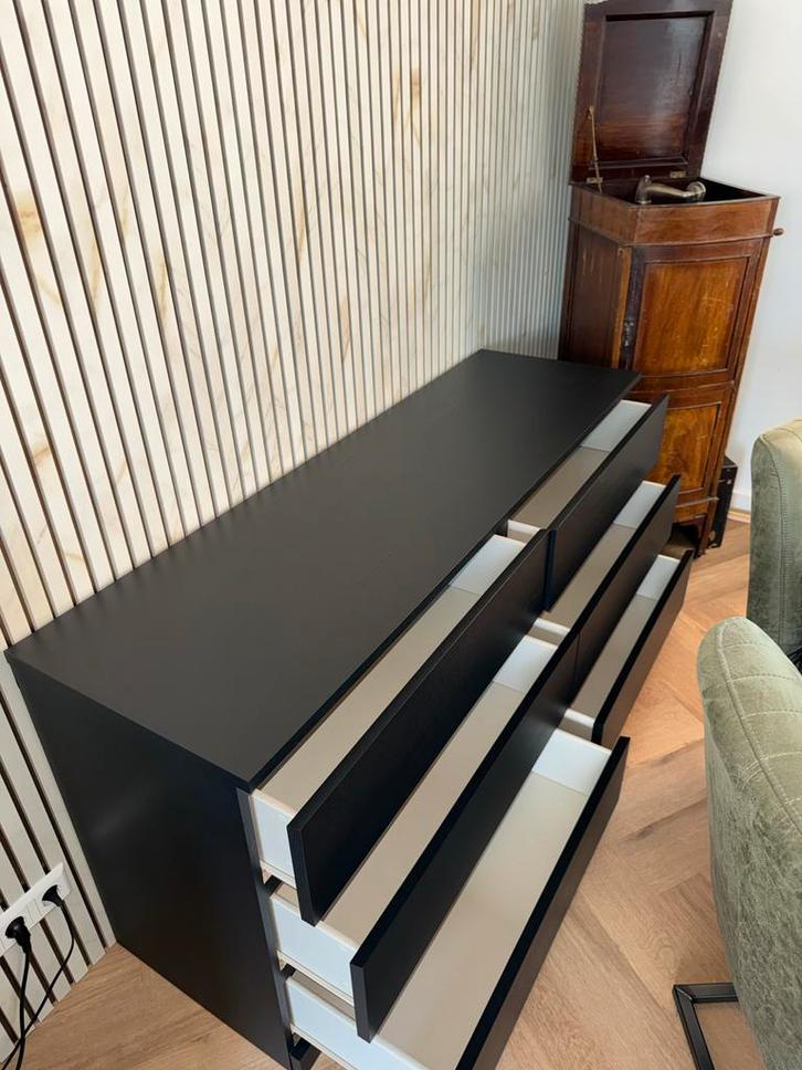 Drie IKEA Malm ladekasten - eiken en zwart overgeverfd, Huis en Inrichting, Kasten | Ladekasten, Gebruikt, 100 tot 150 cm, 50 tot 100 cm