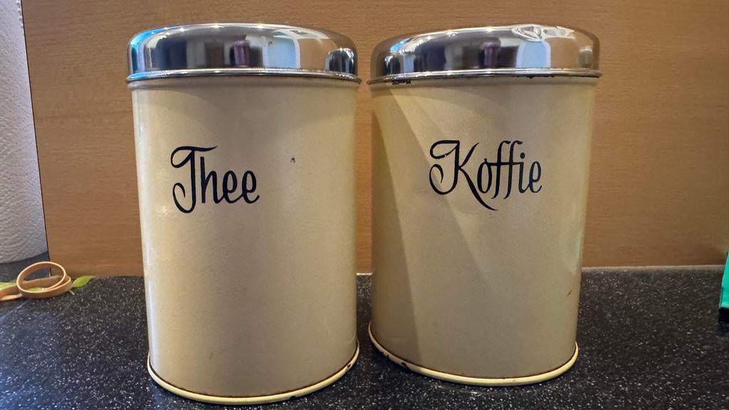 Vintage Thee en Koffie Voorraadpotten Set, Gebruikt, Voorraadpot, Metaal, Overige merken