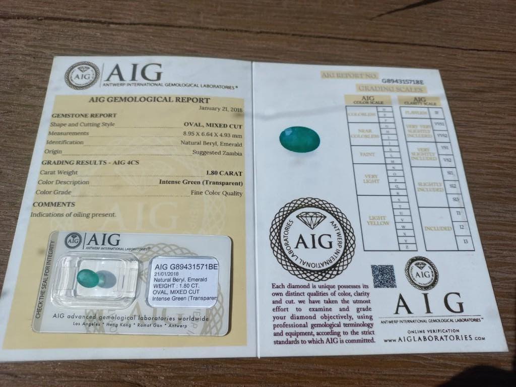 Groene Saffier (1.80 ct) – Zambia – AIG-gecertificeerd, Ophalen of Verzenden, Zo goed als nieuw