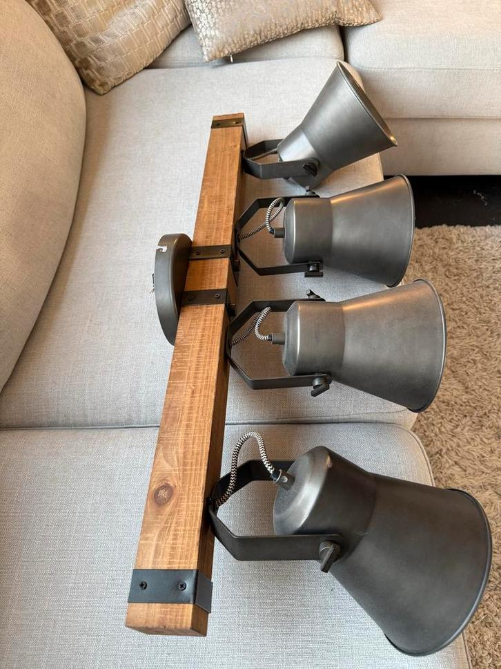 Industriële Plafondspot Hout & Metaal - 4 Spots, Huis en Inrichting, Lampen | Spots, Zo goed als nieuw, Plafondspot of Wandspot