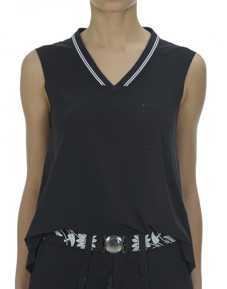 High Use Tech donkerblauwe top met witte bies, D36, Kleding | Dames, Tops, Zo goed als nieuw, Maat 36 (S), Blauw, Zonder mouw