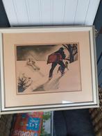 Ingelijste ets van man met hond in de sneeuw, Ophalen of Verzenden