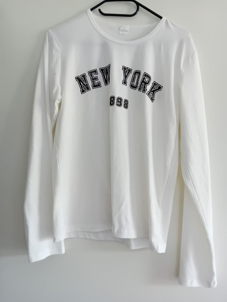 Witte longsleeve met 'NEW YORK 898' opdruk, maat M, Kleding | Dames, T-shirts, Zo goed als nieuw, Maat 38/40 (M), Wit, Lange mouw