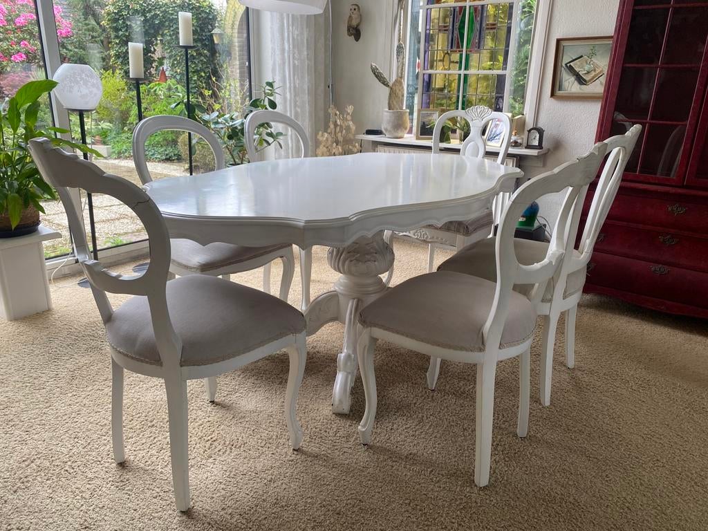 Brocante franse stijl tafel plus 6 stoelen, Huis en Inrichting, Tafels | Eettafels, Gebruikt, 100 tot 150 cm, 200 cm of meer, Ophalen of Verzenden