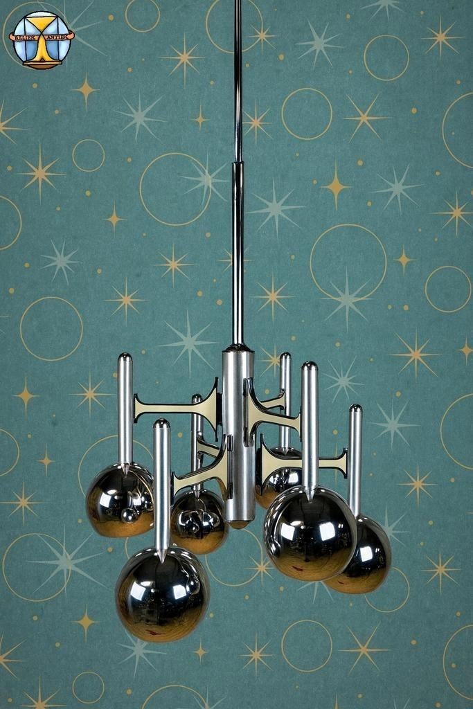 Grote Chromen Vintage Space Age Gaetano Sciolari hanglamp, Gebruikt, Vintage / space age / mid century / 70s / Itliaans design