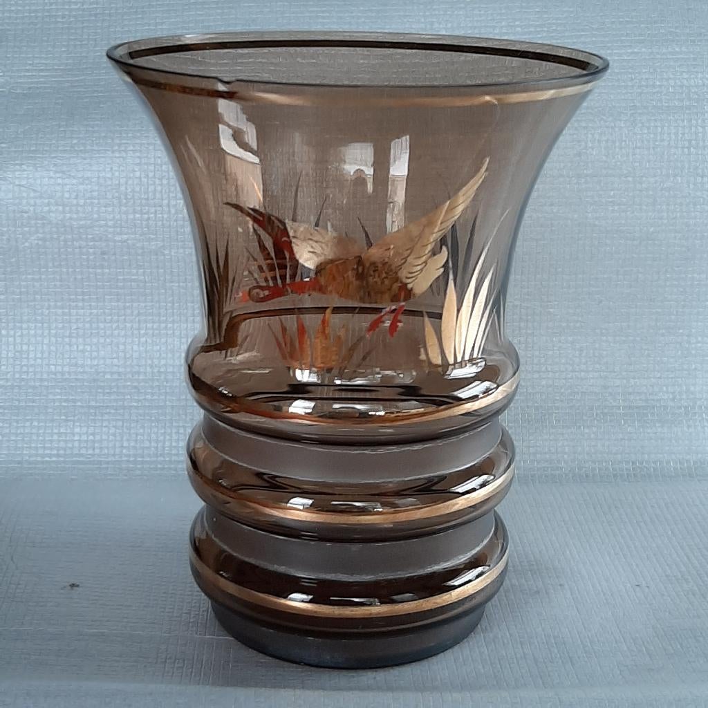 Art Deco Franse bruin glazen vaas vergulde decoratie Adat, Ophalen