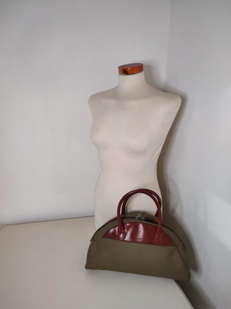 K589 PIERO ERBACCI leder en legergroen kunstleder damestas, 2e hands, Gebruikt, Bruin, PE